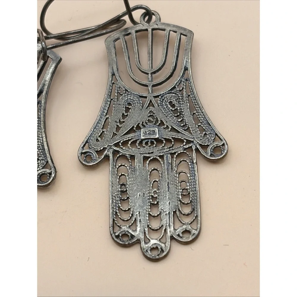 Vtg 925 Sterling Silver Filigree‎ Hamsa Menorah Dangle Earrings Israel Judaica